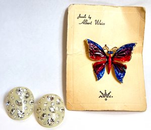 Vintage Robert Weiss Enamel Butterfly Pin & Weiss Rhinestone Clip-On Earrings