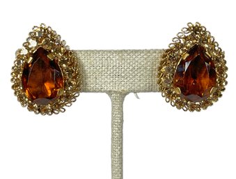 Pair Vintage Amber Colored Rhinestone Made In Austria Earrings Ear Clips