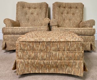 Pair Upholstered Swivel Rocking Chairs And An Ottoman