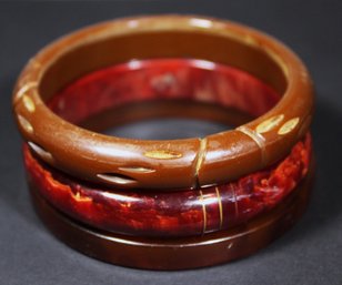 Lot Three Vintage Bakelite Bangle Bracelets Red And Brown