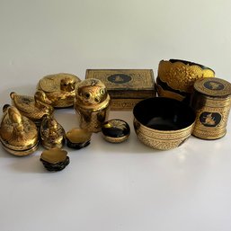 A Collection Of Burmese Black And Gold Wood Lacquered Pieces