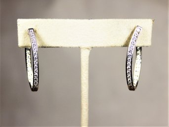 Fine Sterling Silver And White Stone Pierced Oval Hoop Earrings