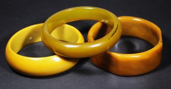 Lot Of Three Bakelite Vintage Bangle Bracelets Mustard, Butterscotch Colors