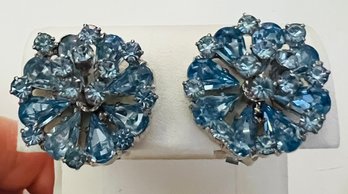 VINTAGE SIGNED WEISS BLUE RHINESTONE CLIP-ON EARRINGS