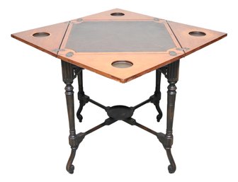 Custom Made Oak Top Tooled Leather Industrial Style Game Table With Ebonized Turned Legs  With Brass Hardware