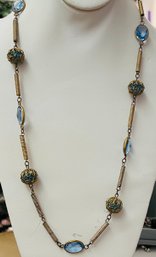 VINTAGE CAGED PRETTY BLUE GLASS STATION NECKLACE