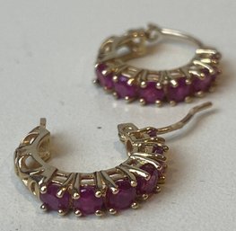 14kt Hoop Earrings With Red Stones