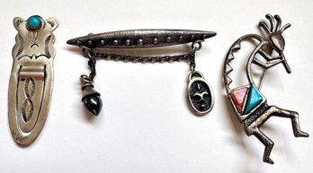 Vintage Sterling Silver: Kokopelli Coral & Turquoise Pin, Navajo Bookmark With Turquoise & Pin With 2 Charmss