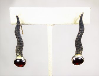 Hand Wrought Sterling Silver Pierced Earrings Having Cabochon Garnet Stones