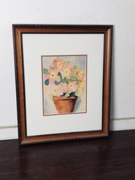 Original Framed Watercolor - Pansies In Clay Pot