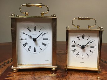 Pair Of Brass Carriage Clocks - Both Quartz - Both Work - Larger Made By ENVOY - Both Have Brushes Finish