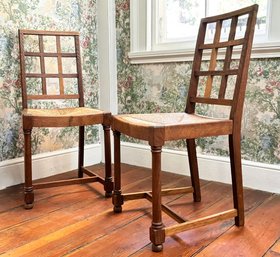 A Pair Of Vintage Oak Rush Seated Side Chairs C. 1930 By Phillip Tilden For Heal's (& Sons) Department Store