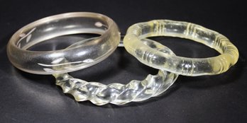 Lot Three Vintage Bakelite Lucite Plastic Clear Bangle Bracelets