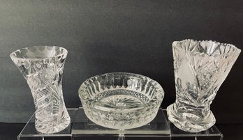 Vintage HEAVY Cut Glass Ashtray, Rosette Design Vase, Detailed Cut Vase- Purchased In Europe