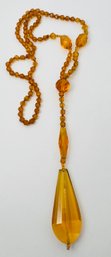 1920'S ART DECO CANARY YELLOW CZECH GLASS FACETED BEAD TASSLE NECKLACE