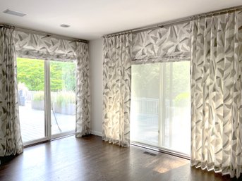 Contemporary Custom Linen Geometric Gray / Taupe / White Drapes & Waterfall Shades - DR