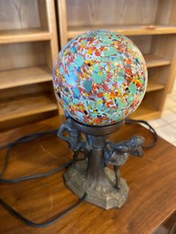 Art Deco Metal Lamp With Multi Colored Globe Shade