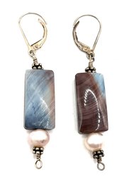 Vintage Sterling Silver Polished Agate Stone Dangle Earrings