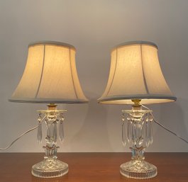 Glass Candlestick Table Lamps Having Crystal Drop Details With Ribbed Shades