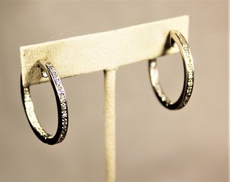 Fine Sterling Silver Hinged White Stone Hoop Pierced Earrings