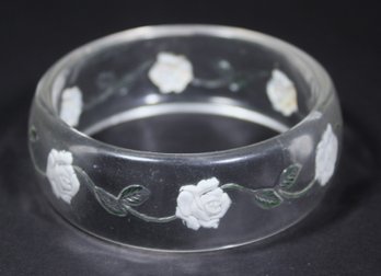 Vintage Lucite Plastic Carved Rose Pattern Wide Bangle Bracelet