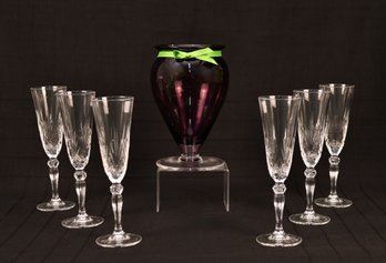 William Yeoware Country Handmade Amethyst Glass Vase And  6 RCR Cristalleria Italiana Flute Champagne Glasses
