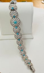 BEAUTIFUL VINTAGE SIGNED ORA SILVER TONE ART DECO TEAL/WHITE RHINESTONE BRACELET