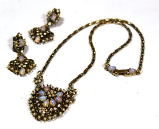 Vintage Gold Tone Faux Opal Glass Stone Necklace & Earrings Suite