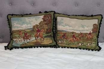 Pair Of Hunting Scene Needlepoint Decorative Throw Pillows