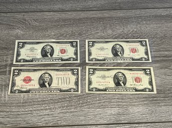 Lot Of 4 Red Seal $2 Bills Including 1928, 1953, And 1963