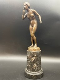 Antique Hans Rieder, Singed Bronze Art Deco Nude Woman Sculpture On A Marble Base. 10 1/2' Tall