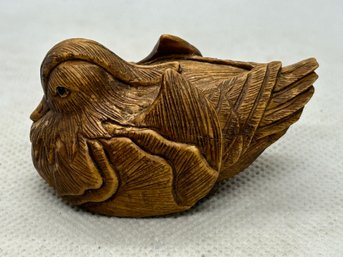 Vintage Japanese Carved Wood Mandarin Duck Netsuke- Artist Signed