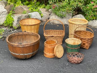 19th C New England Wooden Gathering Basket, Antique Firkin Basket, Painted Split Wood Egg Basket And More