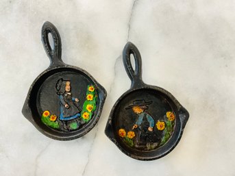 Vintage Mini Hand Painted 3D Cast Iron Frying Pan Amish Boy And Girl Walking In Field