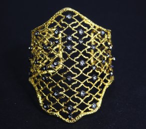 Designer Gold Tone Filigree Large Cuff Bracelet Having Black And White Stones