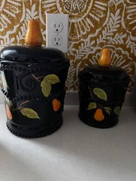 Glossy Black Ceramic Canister Set With Pear Motif