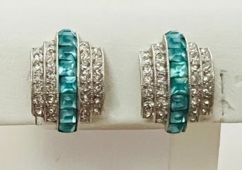 VINTAGE SIGNED ORA SILVER TONE ART DECO TEAL/WHITE RHINESTONE SCREWBACK EARRINGS