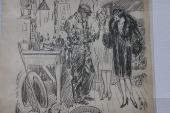 Original 1920s Art Pencil Cartoon Illustration 1 - Girls At Car Garage Mechanic - Large 23 Inches