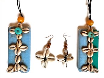 2 Necklaces & Pair Of Earrings Hand Made From Recycled Materials &  Cowrie Shells