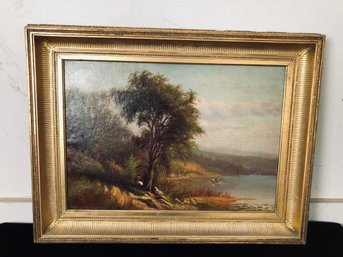 Antique Oil Hudson River Painting With Figures