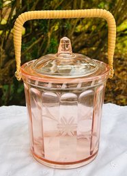 Vintage Etched Floral Design Pink Depression Glass Biscuit Jar With Wicker Handle 8' Height No Issues