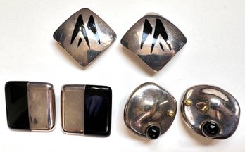 3 Pairs Vintage Mexican Sterling Silver Clip-On Earrings