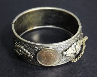 Vintage Silver Plated Israeli Hinged Bangle Bracelet W Hebrew Coin