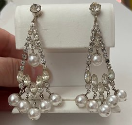 VINTAGE SIGNED VENDOME SILVER TONE FAUX PEARL RHINESTONE DANGLE CLIP-ON EARRINGS