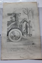 1920s Original Pencil Art  Cartoon Magazine Illustration 2 - Boy On Old Car - LARGE 23 Inches - Signed