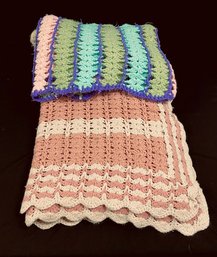 Pair Of Pastel Vintage Hand-crochet Afghan Blankets