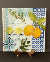 Beautiful Signed Jennifer Brinley Glass Art Platter Lemons, Olives Motif 11-3/4' Square