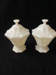 Pair Of Milk Glass Footed Octagon Lidded Dish In Grape And Leaf Pattern