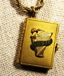 Antique Gold Filled 'music' Enamel Locket Book Pendant W Musicians 24' Chain