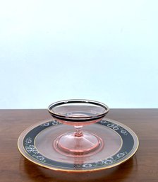 Pink Glass With Edge Design Footed Bol And Plate Pair